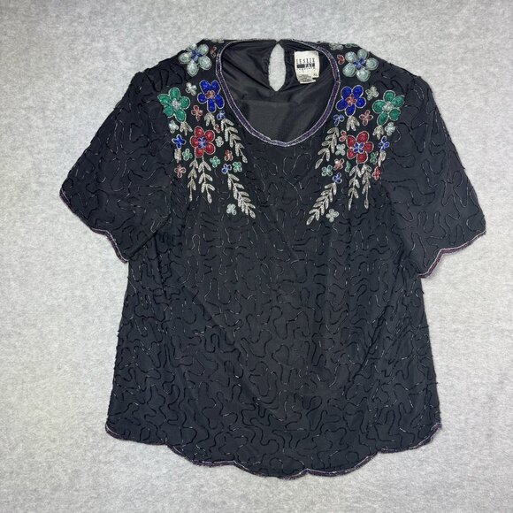 VTG Leslie Fay Evenings Too Womens XL Beaded Sequins Floral 100% Silk Black - Picture 1 of 10